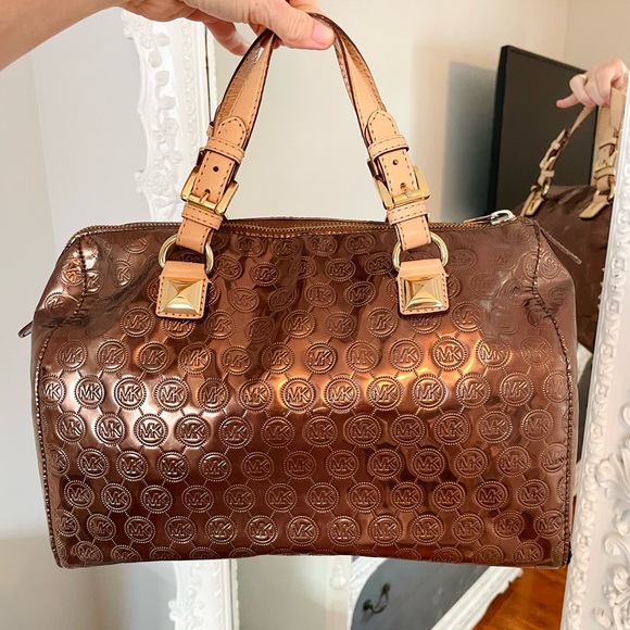 MICHAEL KORS Bronze Signature Logo Patent Leather Grayson Satchel Shoulder Bag - Picture 1 of 12